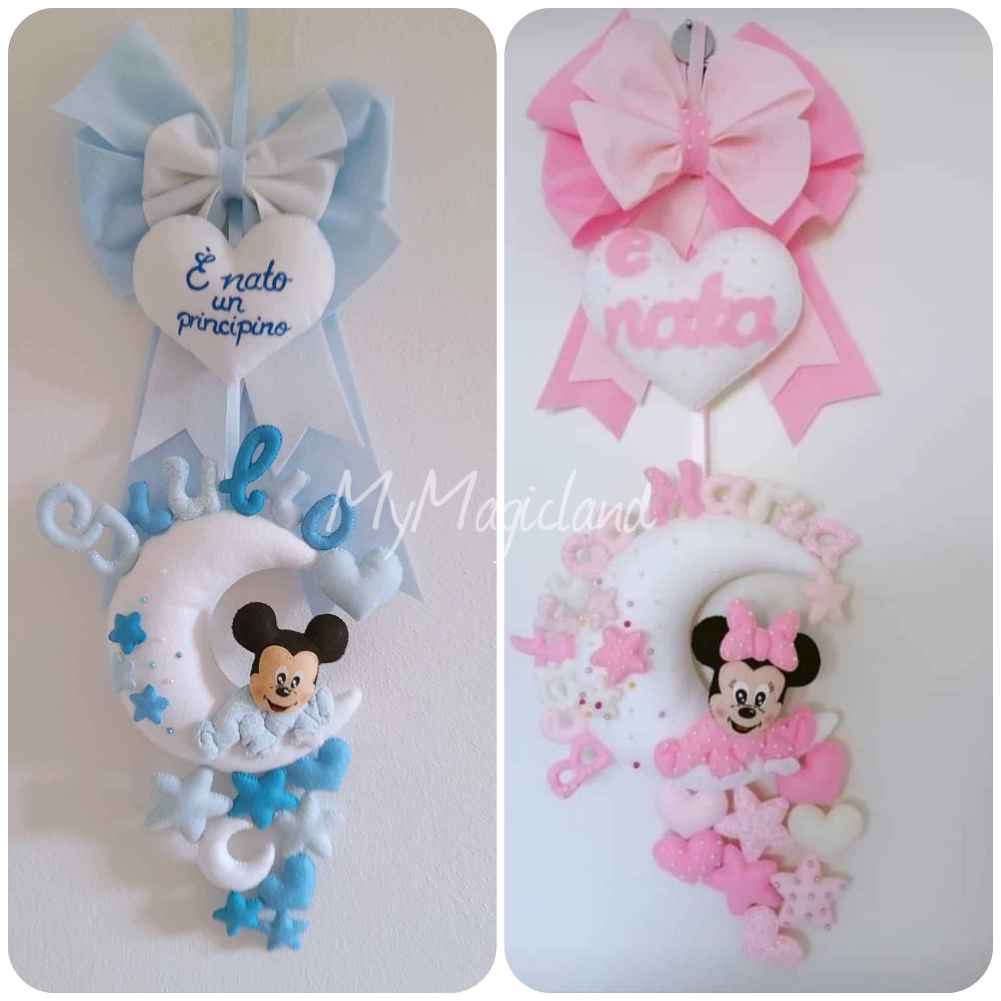 Fiocco nascita personalizzabile Minnie/ Topolino sulla luna