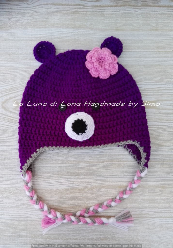 Cappello per bambina a forma di orsetto viola, in lana baby ideale per  l'inverno.