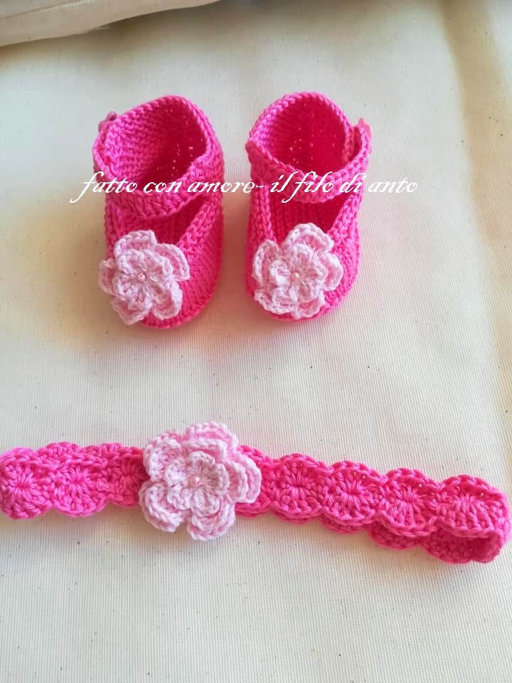 Scarpine e fascia bambina in puro cotone fucsia con fiore rosa