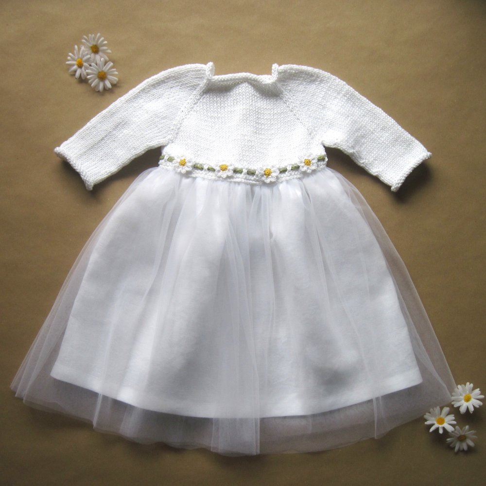 Abito bambina - cotone/lino/tulle bianco- margherite uncinetto - vestito Battesimo - fatto a mano - Daisy