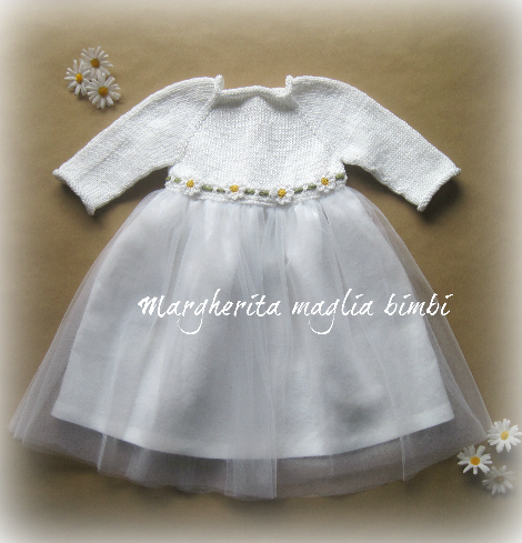 Abito bambina - cotone/lino/tulle bianco- margherite uncinetto - vestito Battesimo - fatto a mano - Daisy