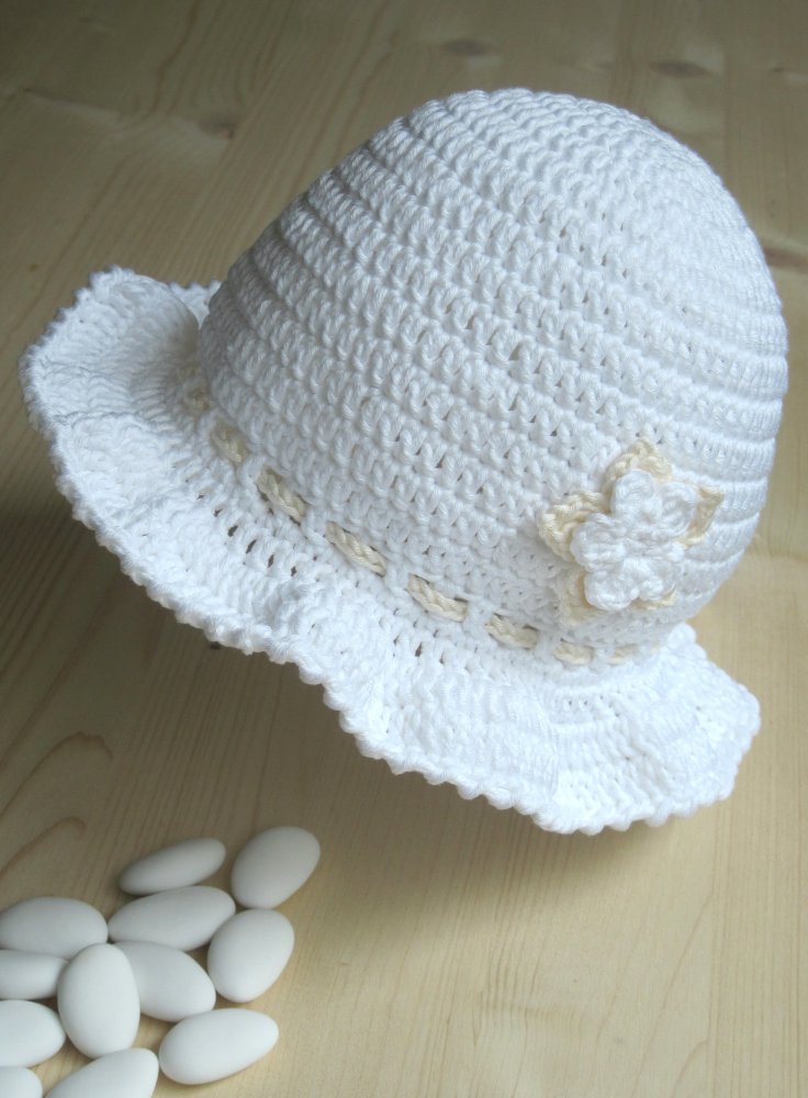 Cappello bambina/cappellino neonata Battesimo - cotone bianco e panna/crema/avorio - Giulia