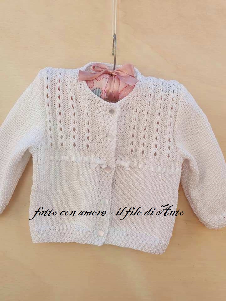 Maglia cardigan in puro cotone con fiocchetti di raso lavorata a mano