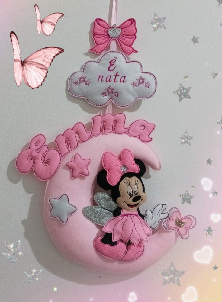 Fiocco nascita con Minnie versione fatina  sulla luna 