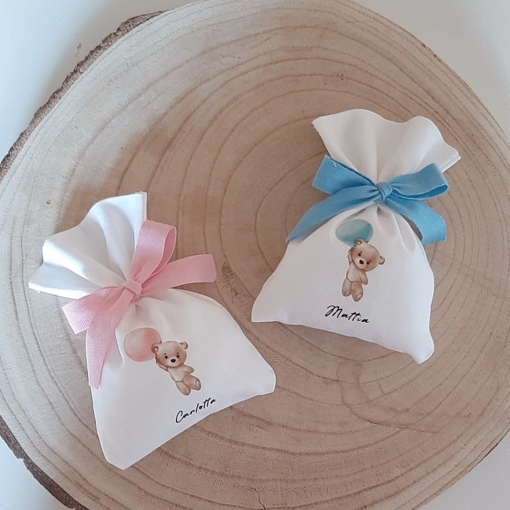 Sacchetto portaconfetti personalizzati con orsetto Teddy bear bomboniera nascita battesimo bimbo bimba