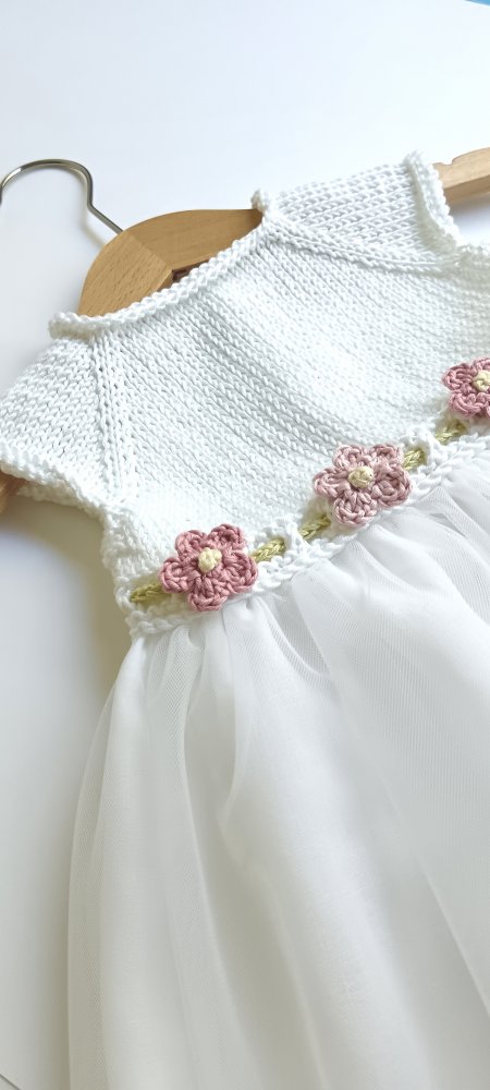 Abito bambina cotone/lino/tulle bianco e fiori rosa antico  - fatto a mano - Battesimo - Linda