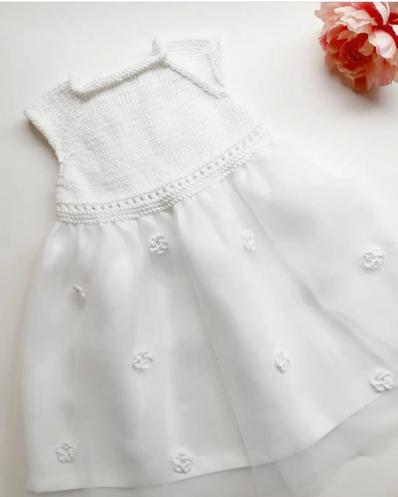 Abito bambina cotone/lino/tulle bianco e fiori bianchi  - manica corta - Battesimo - Gaia