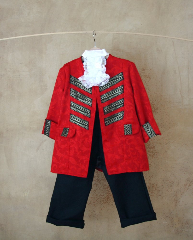 Costume da Pirata per bambini in sontuoso damasco rosso, decorazioni dorate e pantaloni in tela di cotone,tg. 1-6 anni