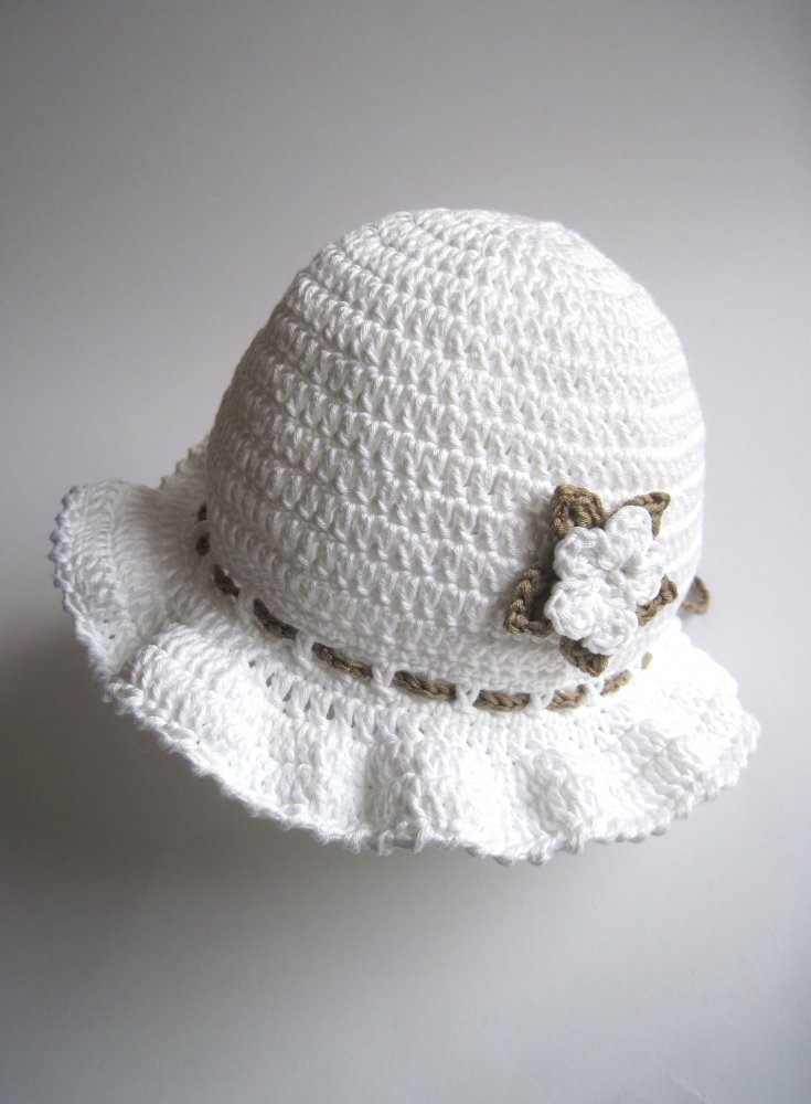 Cappello balza neonata/bambina bianco con fiore bianco/tortora - cotone - Alice